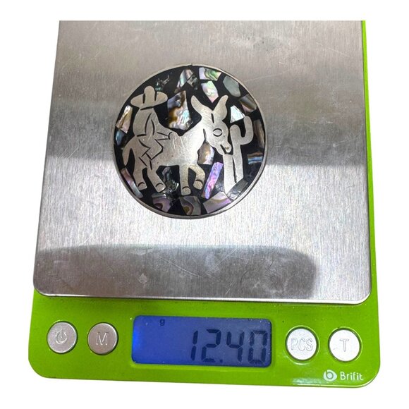 Vintage Alpaca Mexico Brooch Pendant Man On Donkey Abalone Inlay Enamel Pin 2" - Picture 6 of 6